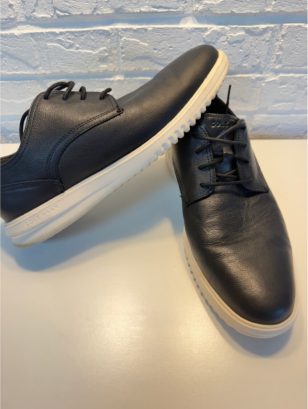 Cole Haan Grand Black Leather Lace-Up Shoes with White Sole